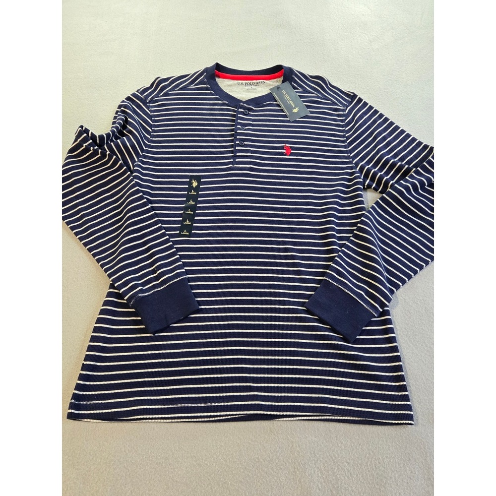 U.S. Polo Assn Henley Shirt Men Large Navy White Striped Waffle Knit Thermal NEW